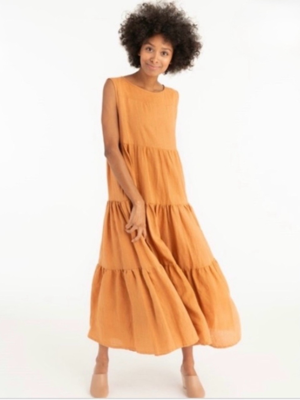 Tribe Alive Linen Tiered Maxi Dress Orange India Sleeveless